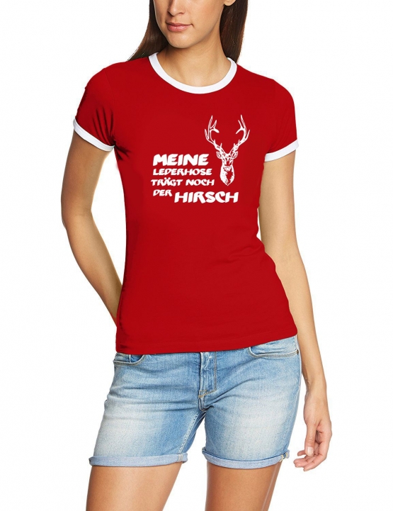 Meine Lederhose trägt noch der Hirsch ! Damen Ringer T-Shirt S -