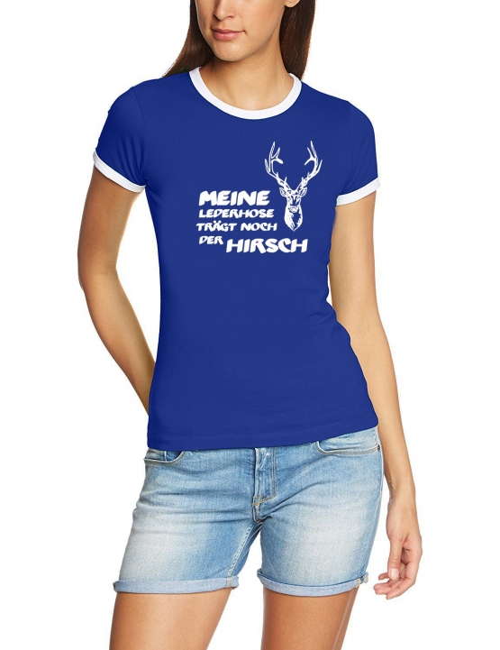 Meine Lederhose trägt noch der Hirsch ! Damen Ringer T-Shirt S -