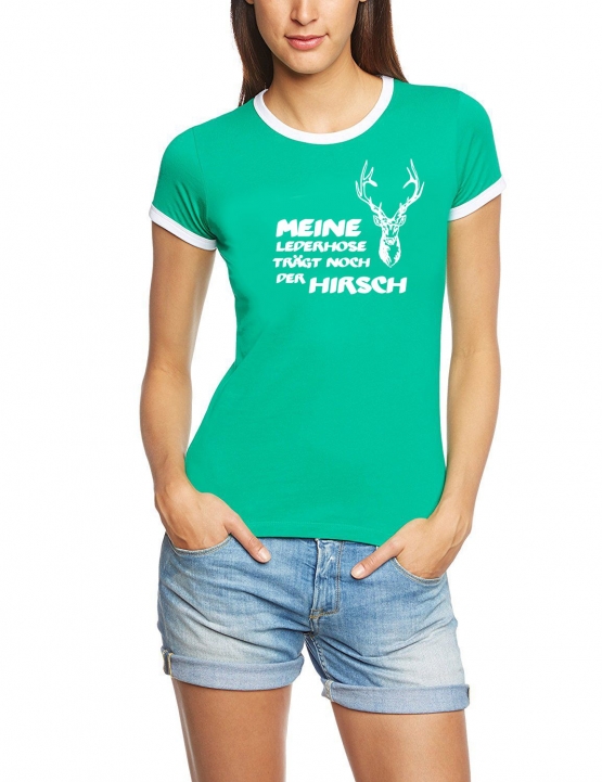 Meine Lederhose trägt noch der Hirsch ! Damen Ringer T-Shirt S -