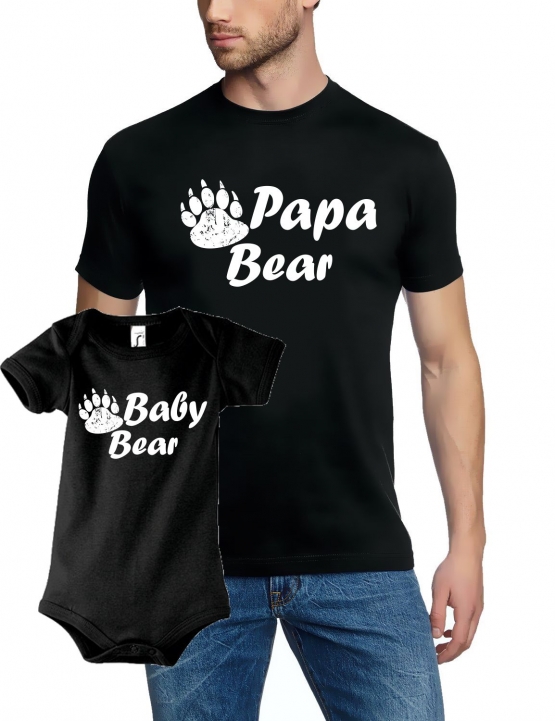 Papa Bear + Baby Bear T-Shirt + STRAMPLER - Set zur Geburt Vater