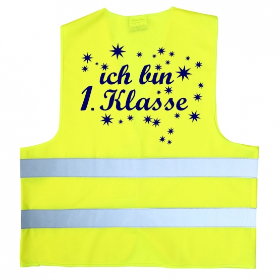 Ich bin 1. Klasse ! Kinder Warnweste zur Einschulung Schulanfang ABC Schützen Gr. XS 120-140 cm oder S 152-160 cm Sicherheitsweste Neongelb und orange Neon