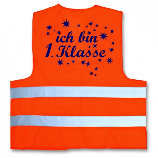 Ich bin 1. Klasse ! Kinder Warnweste zur Einschulung Schulanfang ABC Schützen Gr. XS 120-140 cm oder S 152-160 cm Sicherheitsweste Neongelb und orange Neon