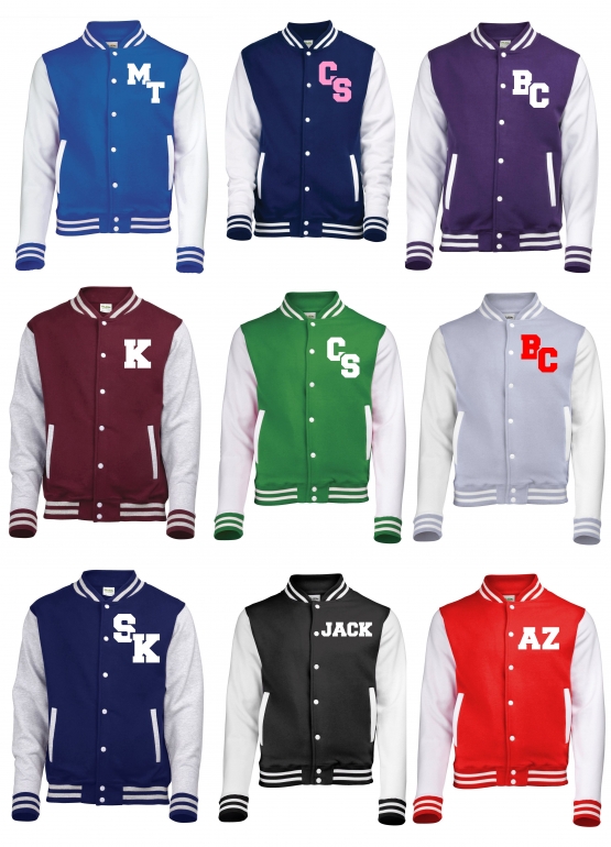 College Jacke mit Deinem Namen, Initialen, Verein weißer Ärmel in black, red, blue, grey, navy, lila, pink, green, wine Size  XS S M L XL XXL  Individueller Druck