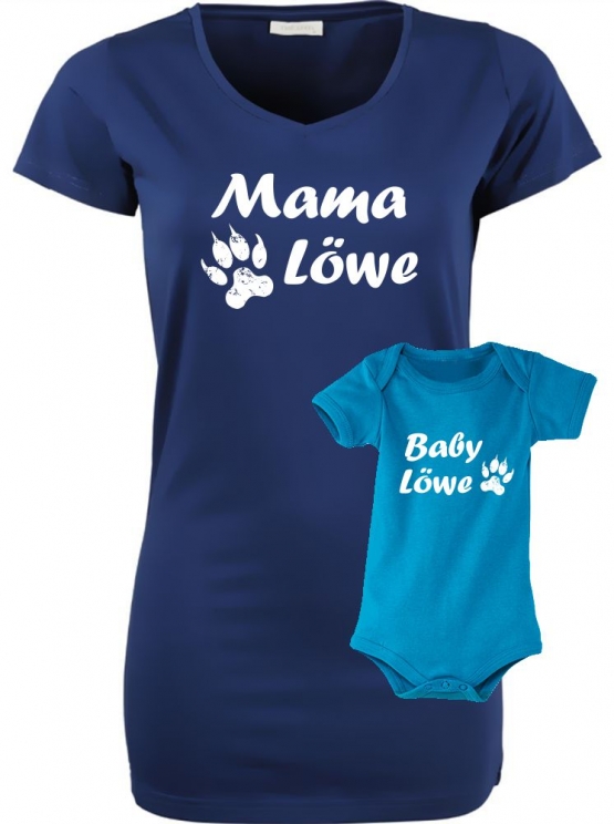 MAMA LÖWE + BABY LÖWE Long T-SHIRT + STRAMPLER - Set zur Geburt Mutter und Baby - ! Junge und Mädchen Strampler   S M L XL 2XL 3XL  Baby Body - Damen T-Shirt Extra Lang Strech