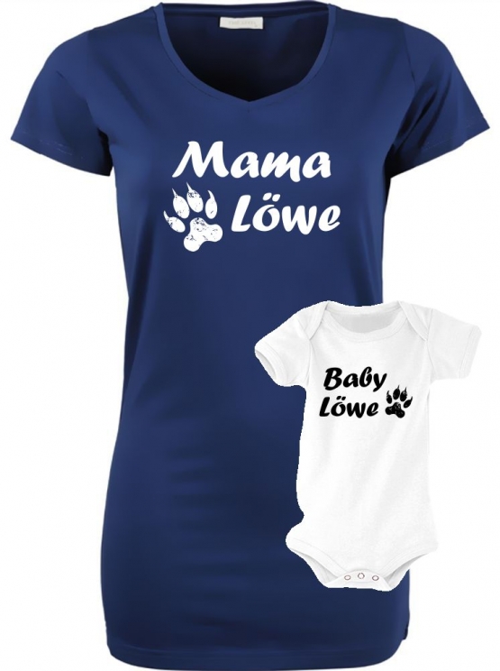 MAMA LÖWE + BABY LÖWE Long T-SHIRT + STRAMPLER - Set zur Geburt Mutter und Baby - ! Junge und Mädchen Strampler   S M L XL 2XL 3XL  Baby Body - Damen T-Shirt Extra Lang Strech