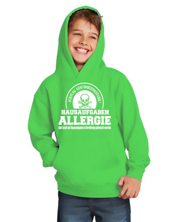 HAUSAUFGABEN ALLERGIE - Vorsicht Gesundheitsgefahr ! Nicht mit Hausaufgaben in Verbindung bringen ! Kinder Sweatshirt mit Kapuze HOODIE Kids Gr.128 - 164 cm