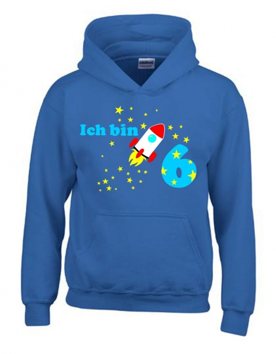 Ich bin 6 Jahre !  - Jahreszahl mit Rakete Sterne Kinder Geburtstag Sweatshirt mit Kapuze HOODIE für Jungen Birthday Gr. 116 cm, 128cm, 140cm Kindergeburtstag feiern, Einladung, Geschenk für Jungs