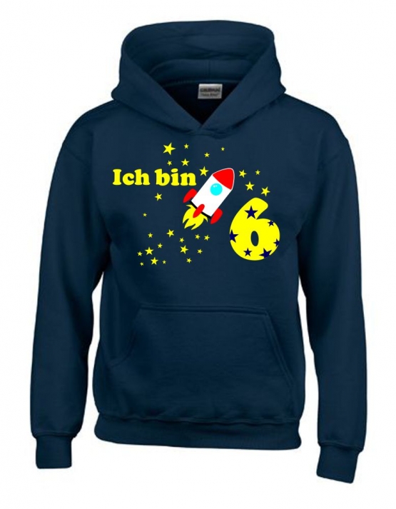 Ich bin 6 Jahre !  - Jahreszahl mit Rakete Sterne Kinder Geburtstag Sweatshirt mit Kapuze HOODIE für Jungen Birthday Gr. 116 cm, 128cm, 140cm Kindergeburtstag feiern, Einladung, Geschenk für Jungs