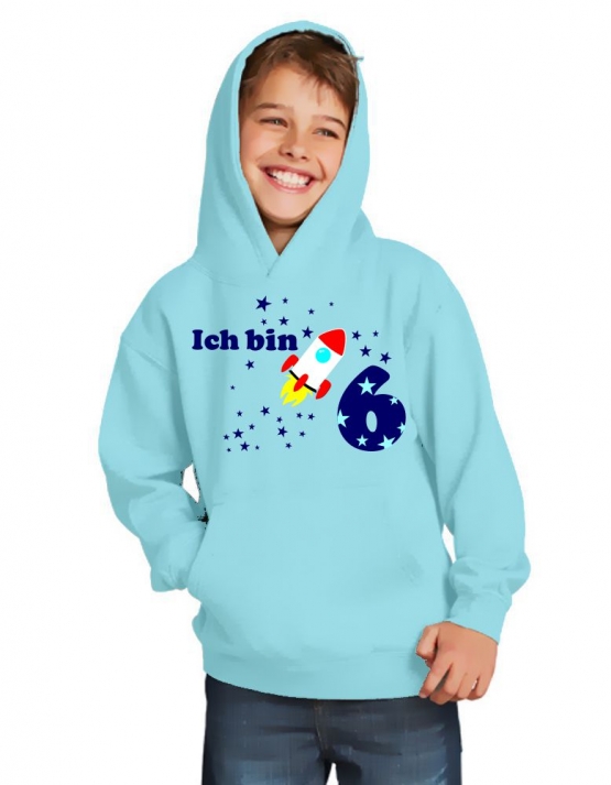 Ich bin 6 Jahre !  - Jahreszahl mit Rakete Sterne Kinder Geburtstag Sweatshirt mit Kapuze HOODIE für Jungen Birthday Gr. 116 cm, 128cm, 140cm Kindergeburtstag feiern, Einladung, Geschenk für Jungs