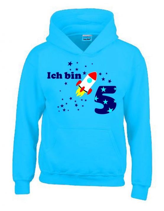 Ich bin 5 Jahre !  - Jahreszahl mit Rakete Sterne Kinder Geburtstag Sweatshirt mit Kapuze HOODIE für Jungen Birthday Gr. 116 cm, 128cm, 140cm Kindergeburtstag feiern, Einladung, Geschenk für Jungs