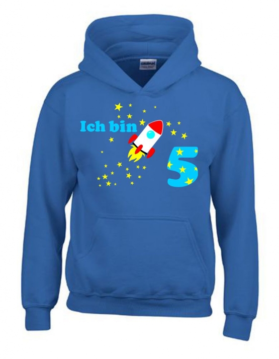 Ich bin 5 Jahre !  - Jahreszahl mit Rakete Sterne Kinder Geburtstag Sweatshirt mit Kapuze HOODIE für Jungen Birthday Gr. 116 cm, 128cm, 140cm Kindergeburtstag feiern, Einladung, Geschenk für Jungs