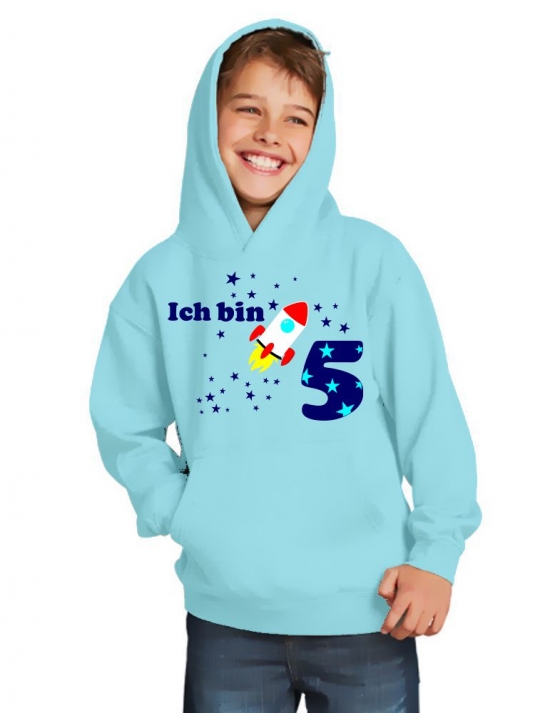 Ich bin 5 Jahre !  - Jahreszahl mit Rakete Sterne Kinder Geburtstag Sweatshirt mit Kapuze HOODIE für Jungen Birthday Gr. 116 cm, 128cm, 140cm Kindergeburtstag feiern, Einladung, Geschenk für Jungs