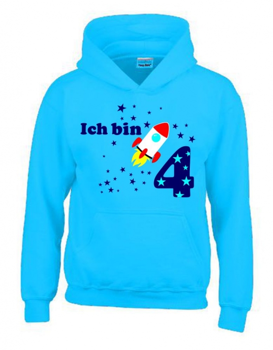 Ich bin 4 Jahre !  - Jahreszahl mit Rakete Sterne Kinder Geburtstag Sweatshirt mit Kapuze HOODIE für Jungen Birthday Gr. 116 cm, 128cm, 140cm Kindergeburtstag feiern, Einladung, Geschenk für Jungs