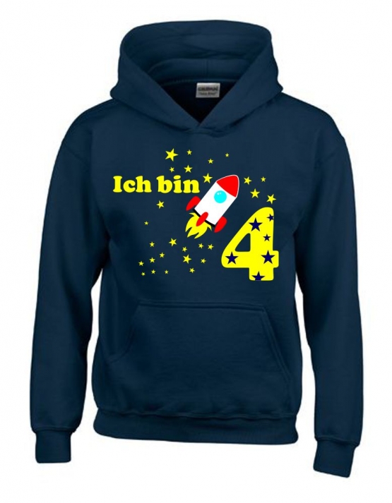 Ich bin 4 Jahre !  - Jahreszahl mit Rakete Sterne Kinder Geburtstag Sweatshirt mit Kapuze HOODIE für Jungen Birthday Gr. 116 cm, 128cm, 140cm Kindergeburtstag feiern, Einladung, Geschenk für Jungs