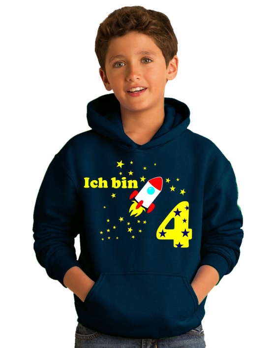 Ich bin 4 Jahre !  - Jahreszahl mit Rakete Sterne Kinder Geburtstag Sweatshirt mit Kapuze HOODIE für Jungen Birthday Gr. 116 cm, 128cm, 140cm Kindergeburtstag feiern, Einladung, Geschenk für Jungs