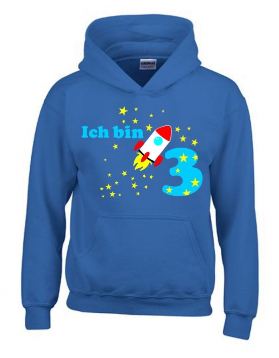 Ich bin 3 Jahre !  - Jahreszahl mit Rakete Sterne Kinder Geburtstag Sweatshirt mit Kapuze HOODIE für Jungen Birthday Gr. 116 cm, 128cm, 140cm Kindergeburtstag feiern, Einladung, Geschenk für Jungs