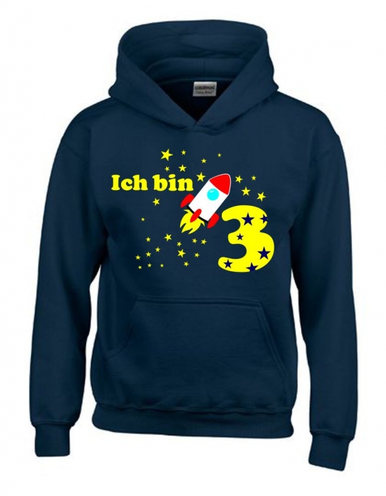 Ich bin 3 Jahre !  - Jahreszahl mit Rakete Sterne Kinder Geburtstag Sweatshirt mit Kapuze HOODIE für Jungen Birthday Gr. 116 cm, 128cm, 140cm Kindergeburtstag feiern, Einladung, Geschenk für Jungs