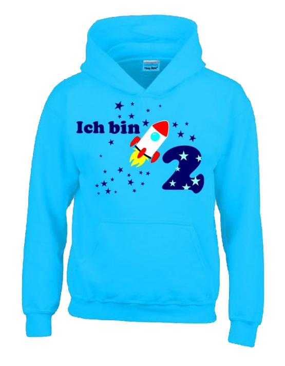 Ich bin 2 Jahre !  - Jahreszahl mit Rakete Sterne Kinder Geburtstag Sweatshirt mit Kapuze HOODIE für Jungen Birthday Gr. 116 cm, 128cm, 140cm Kindergeburtstag feiern, Einladung, Geschenk für Jungs