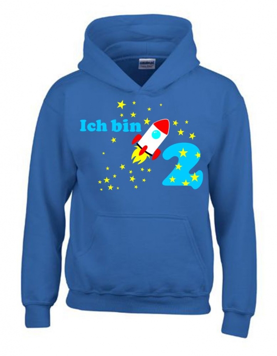 Ich bin 2 Jahre !  - Jahreszahl mit Rakete Sterne Kinder Geburtstag Sweatshirt mit Kapuze HOODIE für Jungen Birthday Gr. 116 cm, 128cm, 140cm Kindergeburtstag feiern, Einladung, Geschenk für Jungs