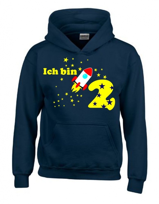 Ich bin 2 Jahre !  - Jahreszahl mit Rakete Sterne Kinder Geburtstag Sweatshirt mit Kapuze HOODIE für Jungen Birthday Gr. 116 cm, 128cm, 140cm Kindergeburtstag feiern, Einladung, Geschenk für Jungs