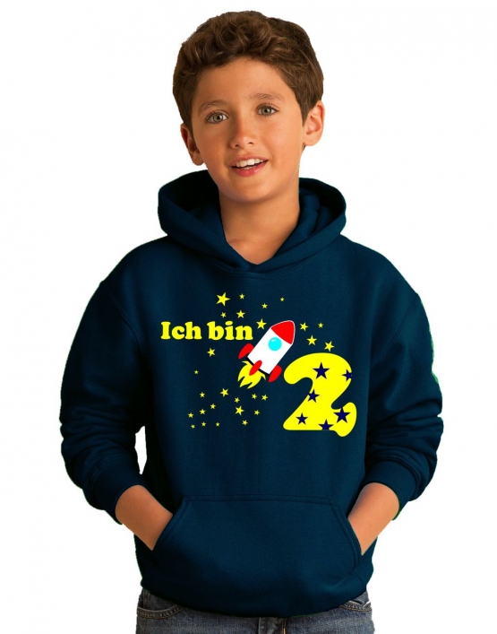 Ich bin 2 Jahre !  - Jahreszahl mit Rakete Sterne Kinder Geburtstag Sweatshirt mit Kapuze HOODIE für Jungen Birthday Gr. 116 cm, 128cm, 140cm Kindergeburtstag feiern, Einladung, Geschenk für Jungs