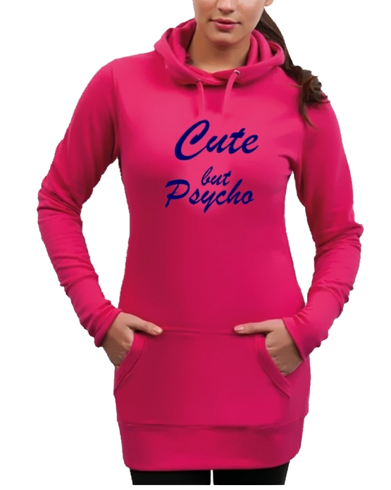 CUTE BUT PSYCHO - Long Hoodie - Sweatshirt mit Kapuze Damen Extra langes Sweatshirt Girlies Gr.XS S M L XL XXL