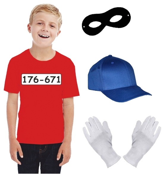 Kinder Set GANGSTER BANDE KOSTÜM - FASCHING - KARNEVAL - T-SHIRT, MÜTZE, MASKE + HANDSCHUHE - Gr: 116 128 140 152 164