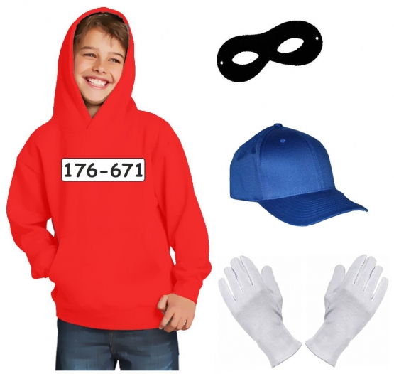 Kinder Set GANGSTER BANDE KOSTÜM - FASCHING - KARNEVAL - Sweatshirt mit Kapuze, MÜTZE, MASKE + HANDSCHUHE - Gr: 116 128 140 152 164