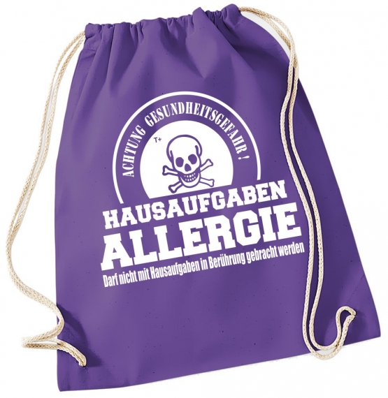 Hausaufgaben Allergie ! Gymbag Rucksack Turnbeutel Tasche  Jungen und Mädchen Backpack für Pausenhof, Schule, Sport