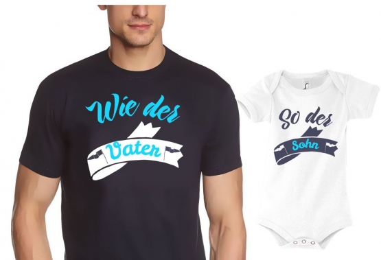 PAPA T-SHIRT + Strampler in Geschenkbox - Set zur Geburt Vater und Baby - Wie der Vater so der Sohn ! Junge und Mädchen Strampler + Männer T-Shirt  S M L XL 2XL 3XL  Baby Body