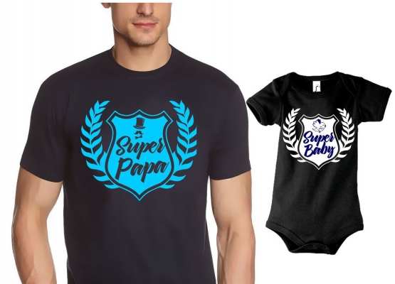 PAPA T-SHIRT + Strampler in Geschenkbox - Set zur Geburt Vater und Baby - Super Papa + Super Baby ! Junge und Mädchen Strampler + Männer T-Shirt  S M L XL 2XL 3XL  Baby Body