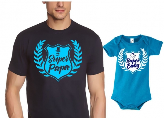 PAPA T-SHIRT + Strampler in Geschenkbox - Set zur Geburt Vater und Baby - Super Papa + Super Baby ! Junge und Mädchen Strampler + Männer T-Shirt  S M L XL 2XL 3XL  Baby Body