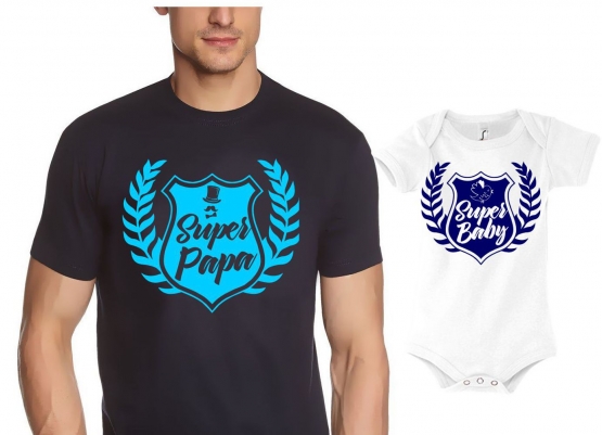 PAPA T-SHIRT + Strampler in Geschenkbox - Set zur Geburt Vater und Baby - Super Papa + Super Baby ! Junge und Mädchen Strampler + Männer T-Shirt  S M L XL 2XL 3XL  Baby Body