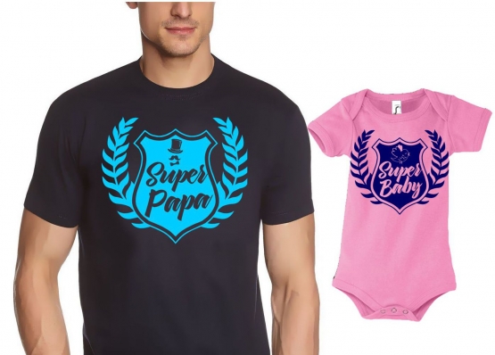 PAPA T-SHIRT + Strampler in Geschenkbox - Set zur Geburt Vater und Baby - Super Papa + Super Baby ! Junge und Mädchen Strampler + Männer T-Shirt  S M L XL 2XL 3XL  Baby Body