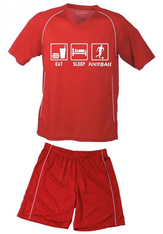 TRIKOTSET mit DEINEM NAMEN + NUMMER !! Fußball EAT SLEEP FOOTBALL Kinder Fußball Trikot + Hose  Kids 98-104, 110-116, 122-128, 134-140, 146-152, 158-164 cm schwarz, rot, blau. Grün, orange, weiß, gelb