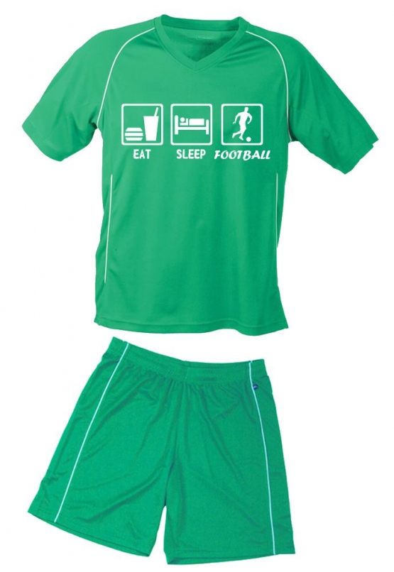 TRIKOTSET mit DEINEM NAMEN + NUMMER !! Fußball EAT SLEEP FOOTBALL Kinder Fußball Trikot + Hose  Kids 98-104, 110-116, 122-128, 134-140, 146-152, 158-164 cm schwarz, rot, blau. Grün, orange, weiß, gelb