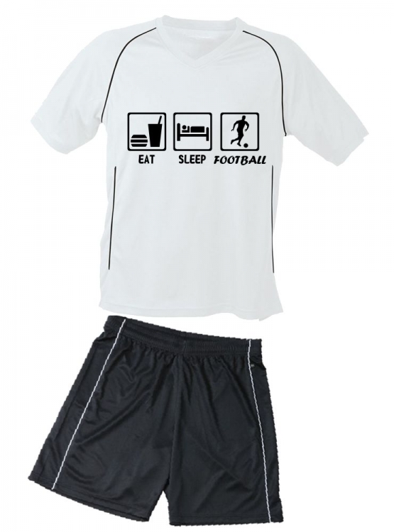 TRIKOTSET mit DEINEM NAMEN + NUMMER !! Fußball EAT SLEEP FOOTBALL Kinder Fußball Trikot + Hose  Kids 98-104, 110-116, 122-128, 134-140, 146-152, 158-164 cm schwarz, rot, blau. Grün, orange, weiß, gelb