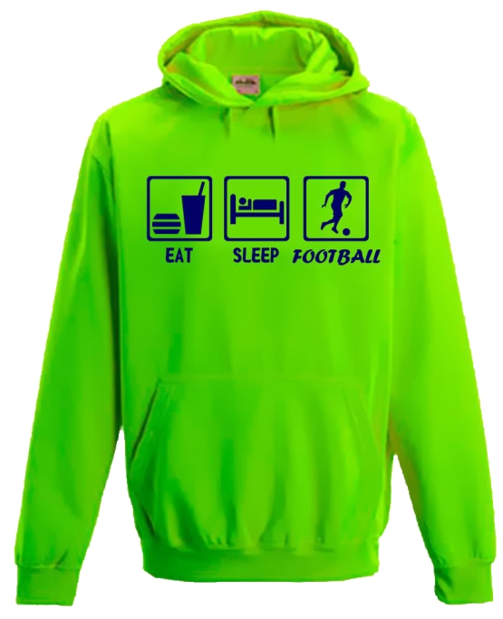 EAT SLEEP FOOTBALL ! NEON KINDER SPORT HOODIES  Sweatshirt mit Kapuze- Neongelb, Neongrün, Neonpink, Neonorange Kinder Funktionsshirts Trikot für alle Sportarten 3 bis 14 Jahre