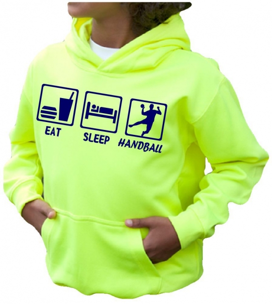 EAT SLEEP HANDBALL ! NEON KINDER SPORT HOODIES  Sweatshirt mit Kapuze- Neongelb, Neongrün, Neonpink, Neonorange Kinder Funktionsshirts Trikot für alle Sportarten 3 bis 14 Jahre