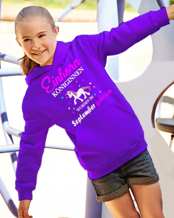 Einhorn Königinnen wurden im SEPTEMBER geboren ! Unicorn Hoodie oder Shirt Kids Gr.116 128 140 152 164 cm Einschulung, erster Schultag, 1. Klasse, Kindergartenabschieds Shirt