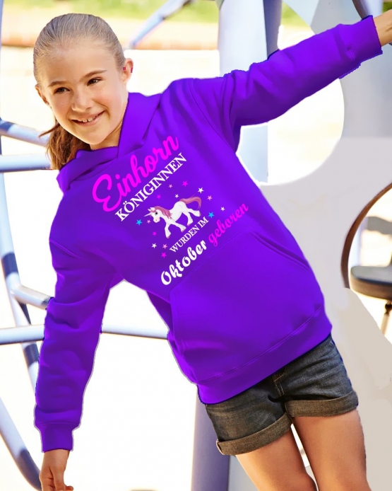 Einhorn Königinnen wurden im Oktober geboren ! Unicorn Hoodie oder Shirt Kids Gr.116 128 140 152 164 cm Einschulung, erster Schultag, 1. Klasse, Kindergartenabschieds Shirt