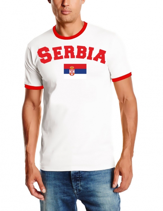 Serbien T-Shirt mit DEINEM NAMEN + NUMMER Ringer weiss-rot, Gr.S