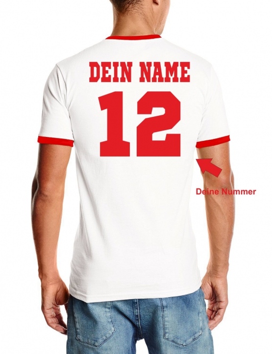 Serbien T-Shirt mit DEINEM NAMEN + NUMMER Ringer weiss-rot, Gr.S