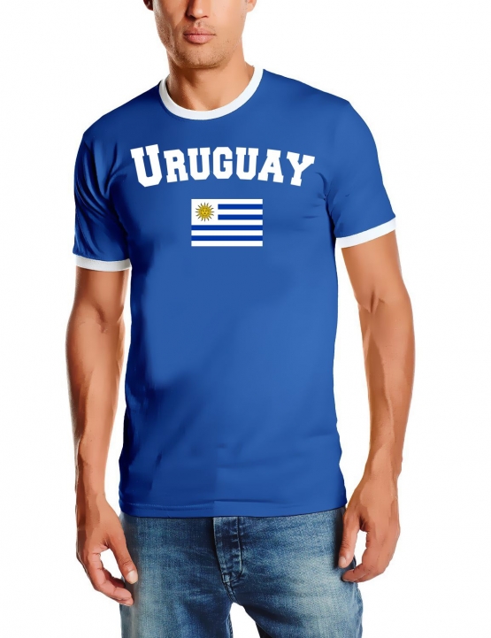 Uruguay T-Shirt mit DEINEM NAMEN + NUMMER Ringer Blau, Gr.S