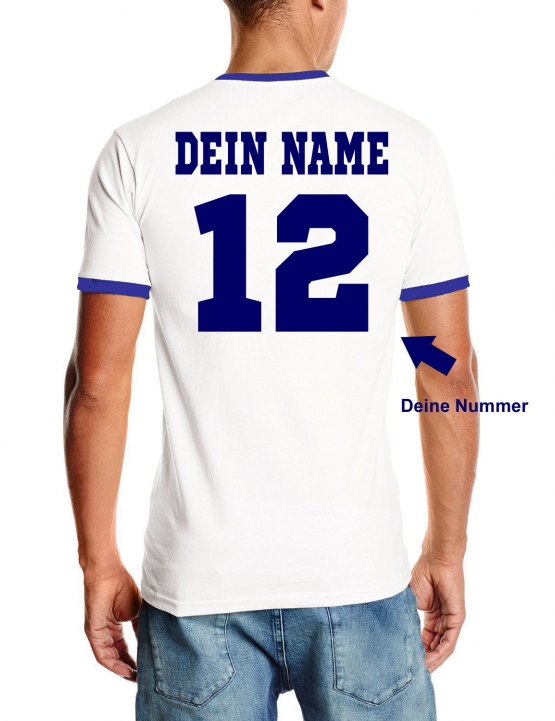 Panama T-Shirt mit DEINEM NAMEN + NUMMER Ringer weiss-blau