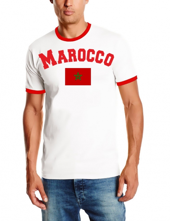 Marokko T-Shirt mit DEINEM NAMEN + NUMMER Ringer weiss-rot, Gr.S