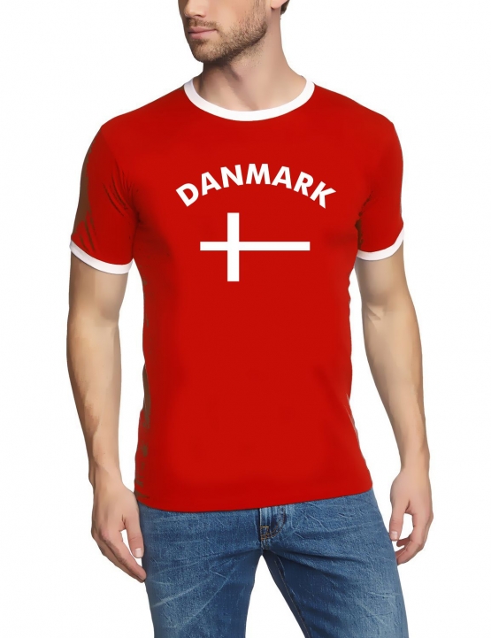 Dänemark T-Shirt mit DEINEM NAMEN + NUMMER Ringer rot, Gr.S