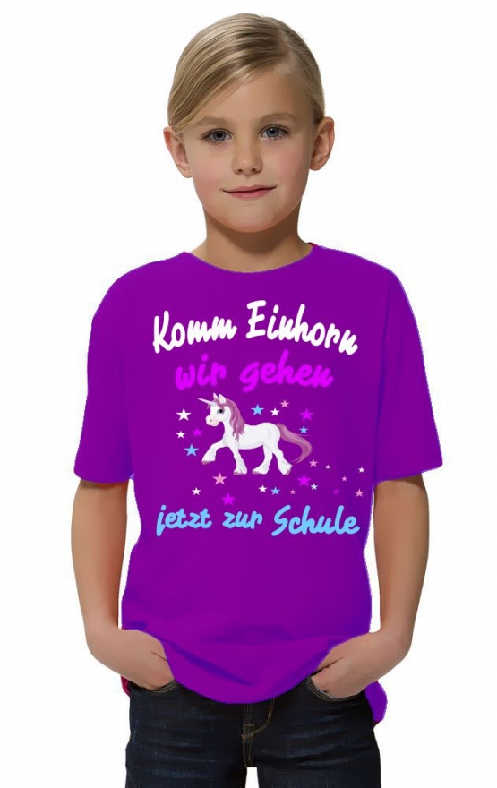 Komm Einhorn wir gehen jetzt zur Schule - Einhorn Kids Gr.104-140 cm Einschulung, erster Schultag, 1. Klasse, Kindergartenabschieds Shirt