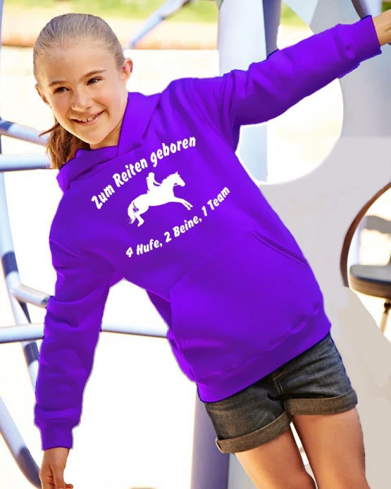 Zum Reiten geboren 4Hufe 2Beine 1Team ! Hoodie Sweatshirt mit Kapuze Gr. 116 128 140 152 164 cm Reiten Pferde