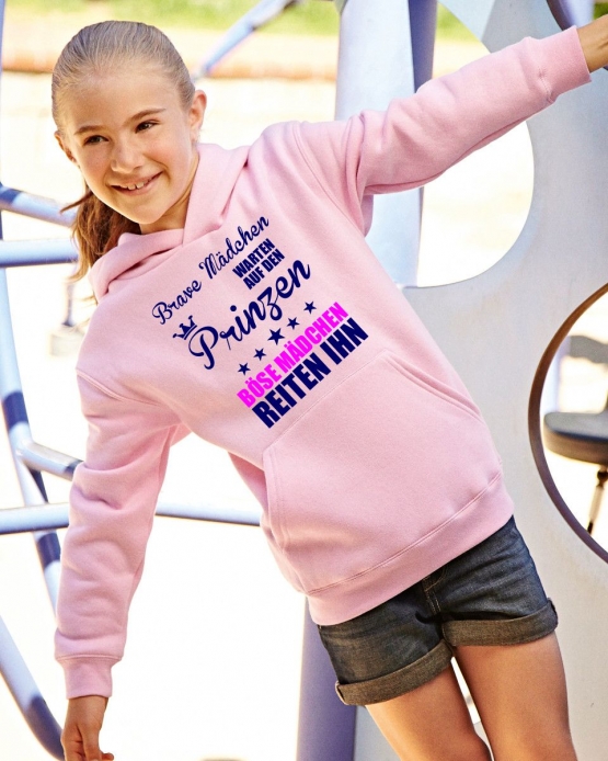 Brave Mädchen warten auf den Prinzen - Böse Mädchen reiten Ihn ! Hoodie Sweatshirt mit Kapuze Gr. 116 128 140 152 164 cm Reiten Pferde